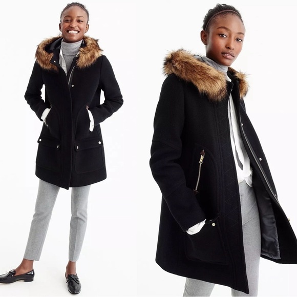 J Crew • Chateau Parka in Italian Stadium-Cloth Wool black Nello Gori faux fur - Picture 1 of 12